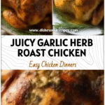 Golden roasted whole chicken topped with garlic butter and herbs on a serving platter with rustic sides.